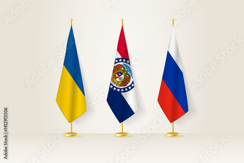 Diplomatic Meeting Representation, Ukraine, Missouri and Russia Flags. Flags on Diplomatic Stands.