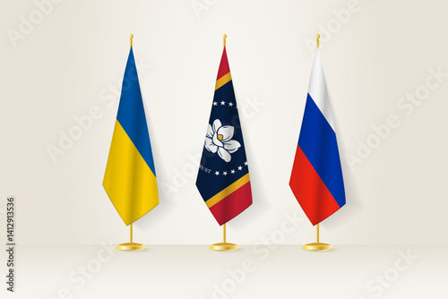 Diplomatic Meeting Representation, Ukraine, Mississippi and Russia Flags. Flags on Diplomatic Stands.