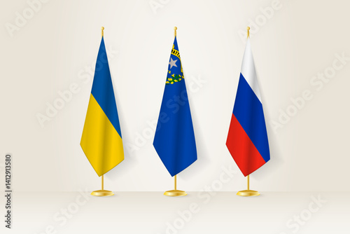 Diplomatic Meeting Representation, Ukraine, Nevada and Russia Flags. Flags on Diplomatic Stands.