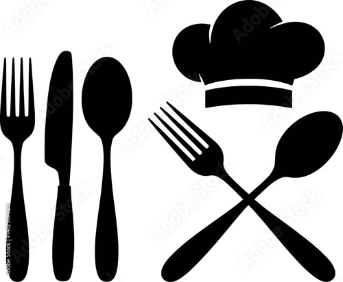 Culinary Black And White Set Chef Hat Cutlery Spoon Fork Knife Icons