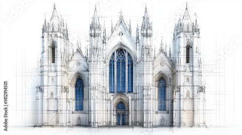 Intricate architectural design of a Gothic-style cathedral, featuring detailed spires and elegant arches.