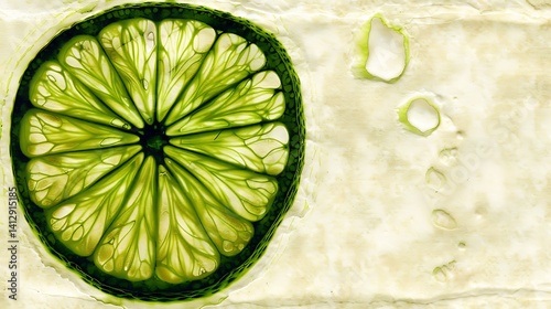 A sliced lime exhibiting vibrant green hues and intricate internal structures illuminated by light