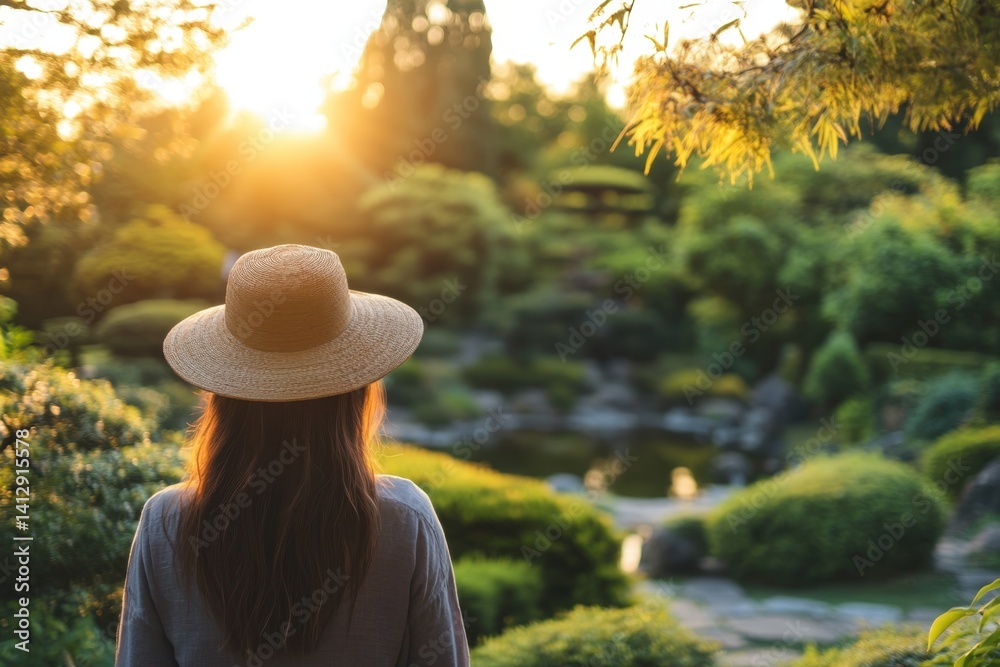 Woman enjoys sunset in a serene garden filled with lush greenery