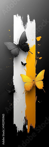 Black and white striped background with three butterflies on it. The butterflies are positioned in the middle of the background