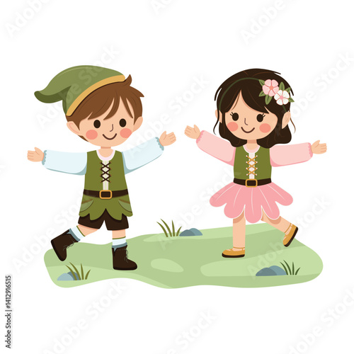 Happy and cute girl and boy play together on white background. Poster, Banner, Flyer, Greeting Card. Vector illustration in flat cartoon style