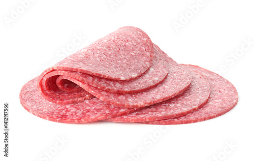 Slices of tasty smoked sausage isolated on white