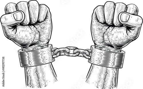 A pair of hands chained to a chain and a text words freedom. silhouette vector illustration.
