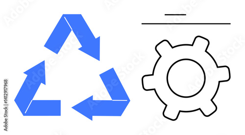 Blue recycling arrows form a triangle beside an outlined gear, merging environmental sustainability with system efficiency. Ideal for environment, process, industry, sustainability, optimization