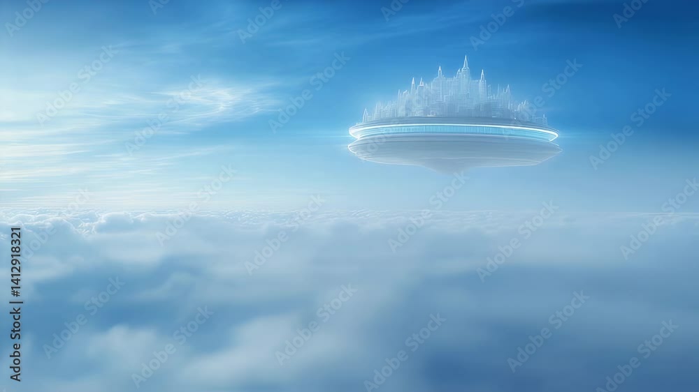 Sci-fi flying saucer with vertical cityscape hovering above soft white cloud layers in bright blue sky. Aerial perspective with smooth camera motion.