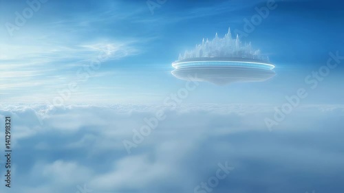 Sci-fi flying saucer with vertical cityscape hovering above soft white cloud layers in bright blue sky. Aerial perspective with smooth camera motion.