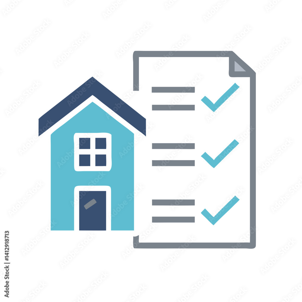 Blue house with checklist document in flat vector icon style Blue house with checklist document in flat vector icon style