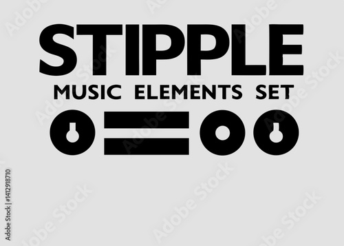 halftone Stipple Music Elements Set. Vinyl record, mouth with microphone, headphone , guitar, piano cassette, speaker, radio, eyes, chain. Grunge punk dotted texture for y2k collage design