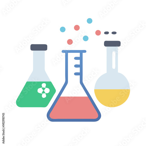 Laboratory flasks with colored liquid and bubbles in flat vector style