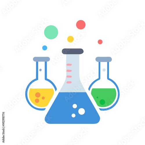 Cartoon science flasks with liquid and molecule icons in flat vector