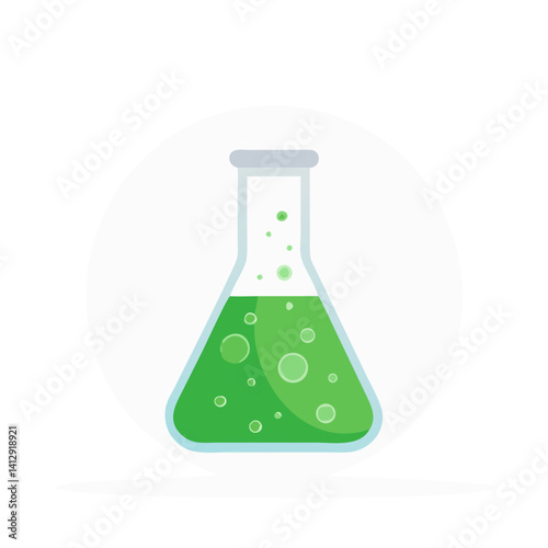 Green chemical flask with bubbles in flat cartoon vector style