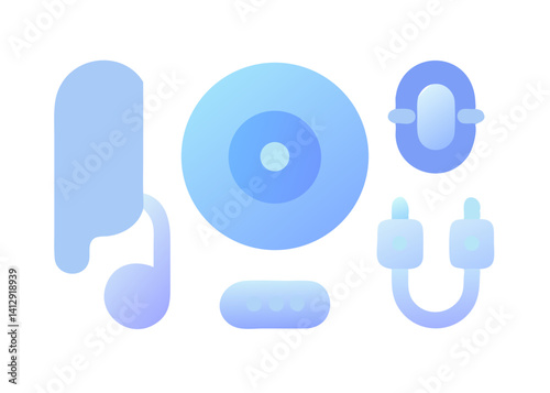 halftone Stipple Music Elements Set. Vinyl record, mouth with microphone, headphone , guitar, piano cassette, speaker, radio, eyes, chain. Grunge punk dotted texture for y2k collage design
