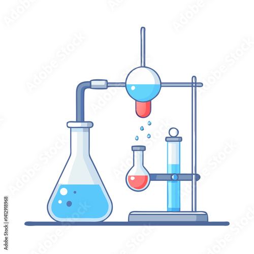 Chemistry lab equipment with flasks and burners in flat vector style