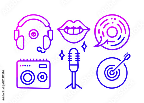 halftone Stipple Music Elements Set. Vinyl record, mouth with microphone, headphone , guitar, piano cassette, speaker, radio, eyes, chain. Grunge punk dotted texture for y2k collage design