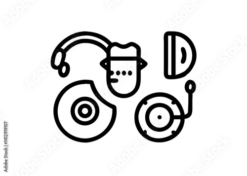 halftone Stipple Music Elements Set. Vinyl record, mouth with microphone, headphone , guitar, piano cassette, speaker, radio, eyes, chain. Grunge punk dotted texture for y2k collage design