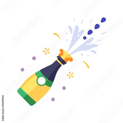 Sparkling champagne bottle spraying in festive flat vector style