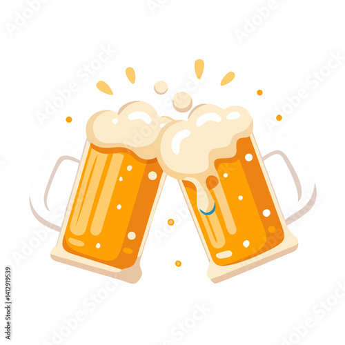 Clinking beer mugs with foam in flat cartoon celebration style