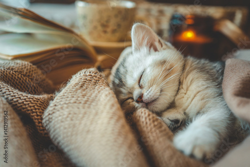 Foto Cute kitten sleeping peacefully on warm knit blankets with a candle, a book, and