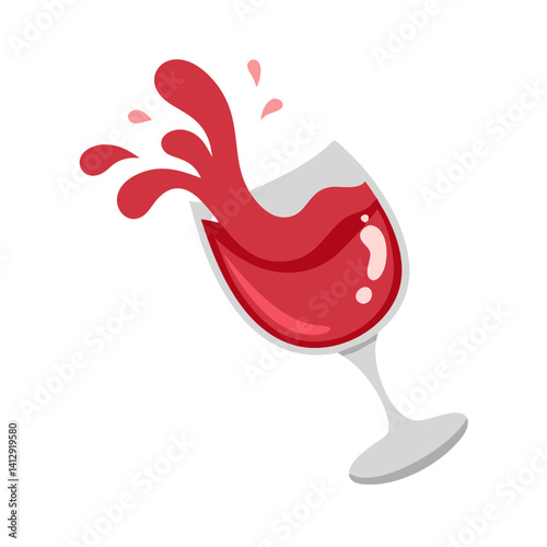 Red wine splashing from tilted glass in cartoon flat vector