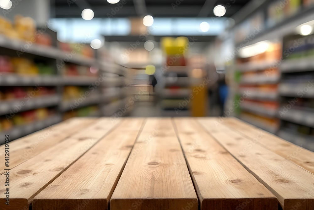 Empty wood table with a blurred supermarket aisle background. for showcasing food products, retail promotions, or supermarket related content with copy space for text or branding Empty wood table with a blurred supermarket aisle background. for showcasing food products, retail promotions, or supermarket related content with copy space for text or branding