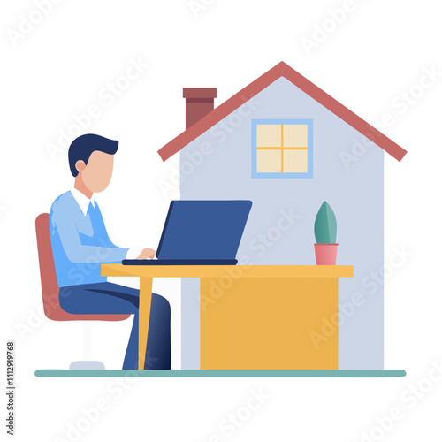 Man working on laptop from home beside house