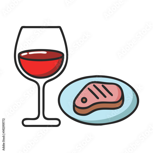 Wine glass and steak on plate illustration