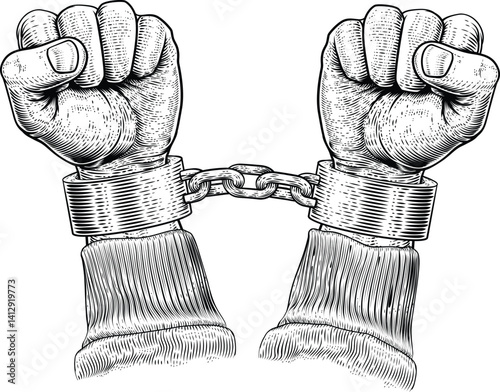 A pair of hands chained to a chain and a text words freedom. silhouette vector illustration.