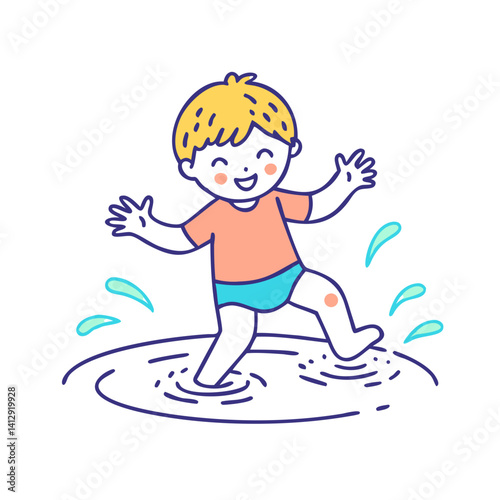 Colored cartoon child playing in puddle