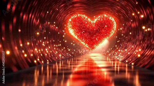 Beautiful glowing heart illuminated in a tunnel filled with sparkling lights