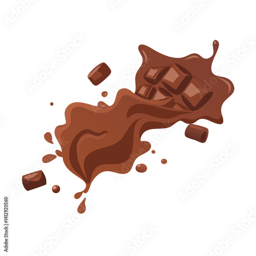 Melting chocolate chunks with splash in cartoon vector style