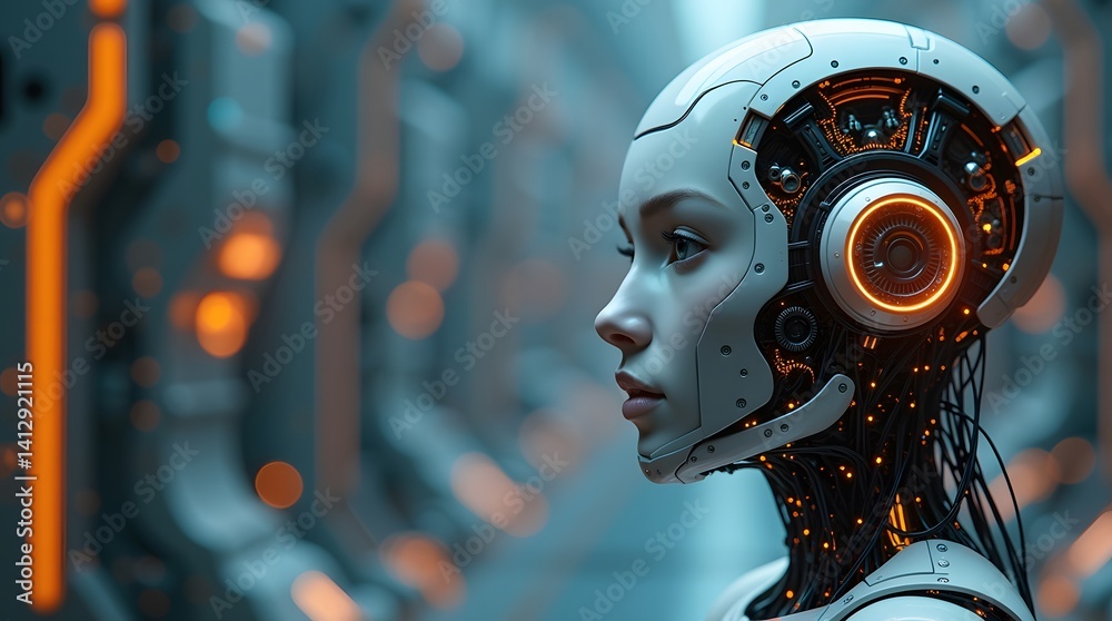 Futuristic AI portrait. Humanoid robot face, tech details. Ideal for sci-fi, innovation themes. Futuristic AI portrait. Humanoid robot face, tech details. Ideal for sci-fi, innovation themes.