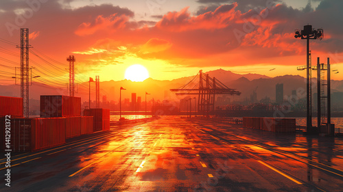 Sunset view of an empty road beside a harbor filled with shipping containers ready for transport
