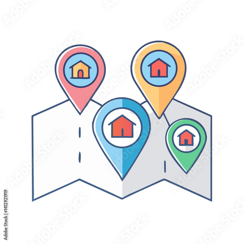 Real estate map with home location pins in flat icon style