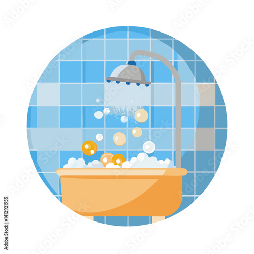 Bathtub with foam and shower head in flat vector illustration