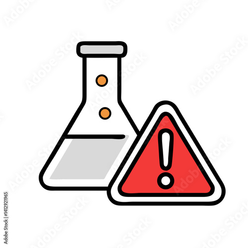 Lab flasks with warning triangle icon in flat cartoon danger style