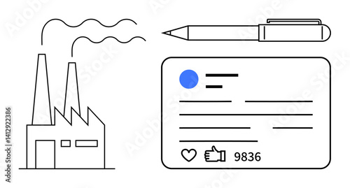 Factory emitting smoke, social media card with thumbs ups and comments, ballpoint pen. Ideal for technology, marketing, industry, communication, environmental topics, creativity simple landing page