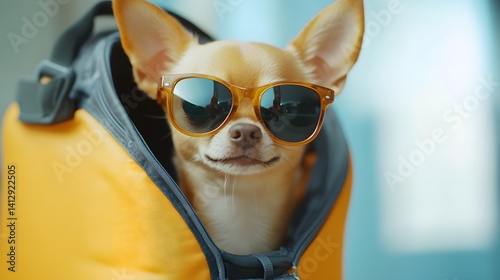 Portrait of brown short hair chihuahua dog wearing sunglasses standing in traveler pet carrier bag with travel accessories ready to travel. Safe travel with animals