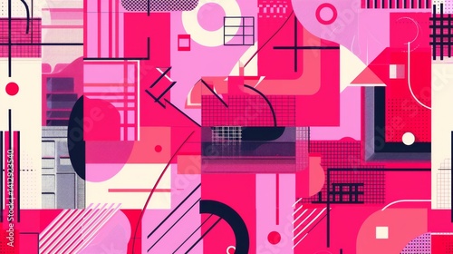 Retro YK style pattern with techno shapes, grids, and geometric forms in neon pink, creating a nostalgic s aesthetic. photo