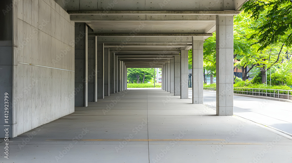 Urban Concrete Corridor Underneath Building With Trees Urban Concrete Corridor Underneath Building With Trees