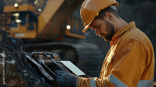 Iron ore miner inspecting a mechanical part at a mining site. Featuring machinery maintenance and inspection