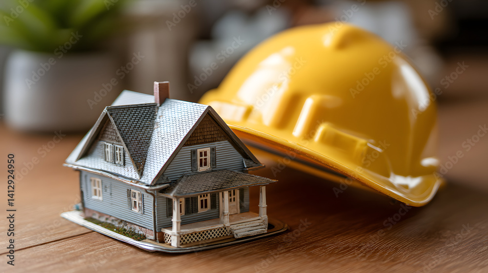 A miniature blue house model beside a yellow hard hat, symbolizing construction and home building.