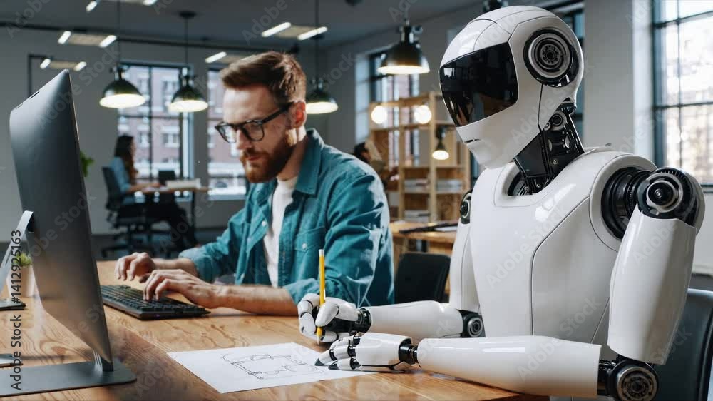 A bearded young man in glasses and denim shirt works at computer while white humanoid robot draws diagrams with pencil on paper. Both sit at wooden desk in open office