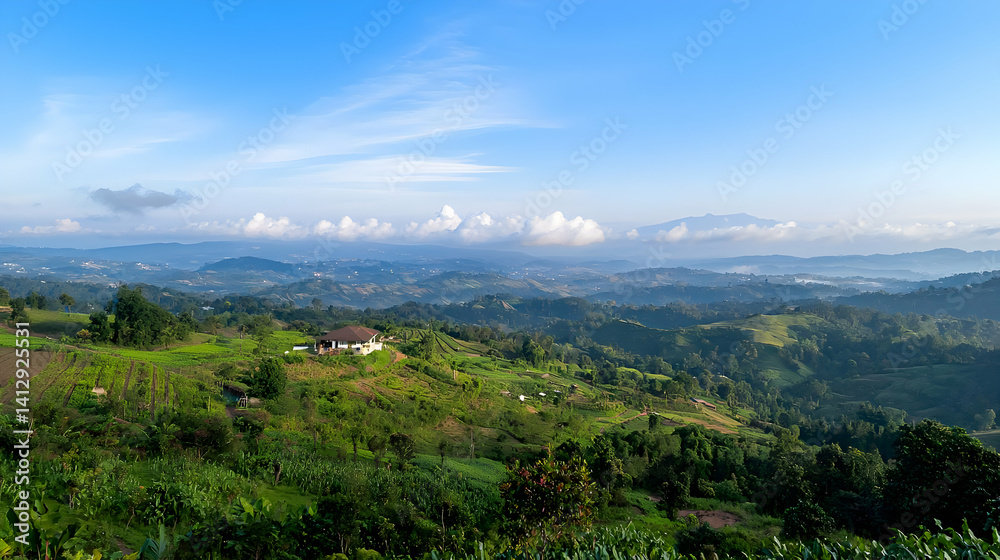 Naklejka premium Panoramic View Of Lush Green Hills And Valley