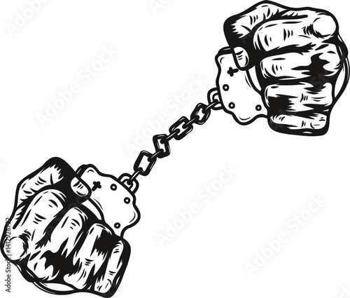 A pair of hands chained to a chain and a text words freedom. silhouette vector illustration.