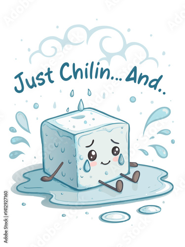 Melting cartoon ice cube with sad eyes enjoys a sunny day by the tin filled with water