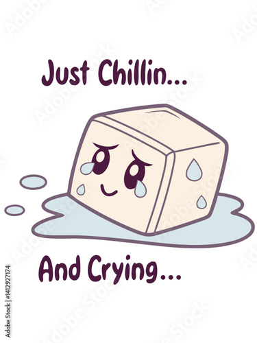 Melting ice cube with sad eyes reflecting on a warm day of solitude